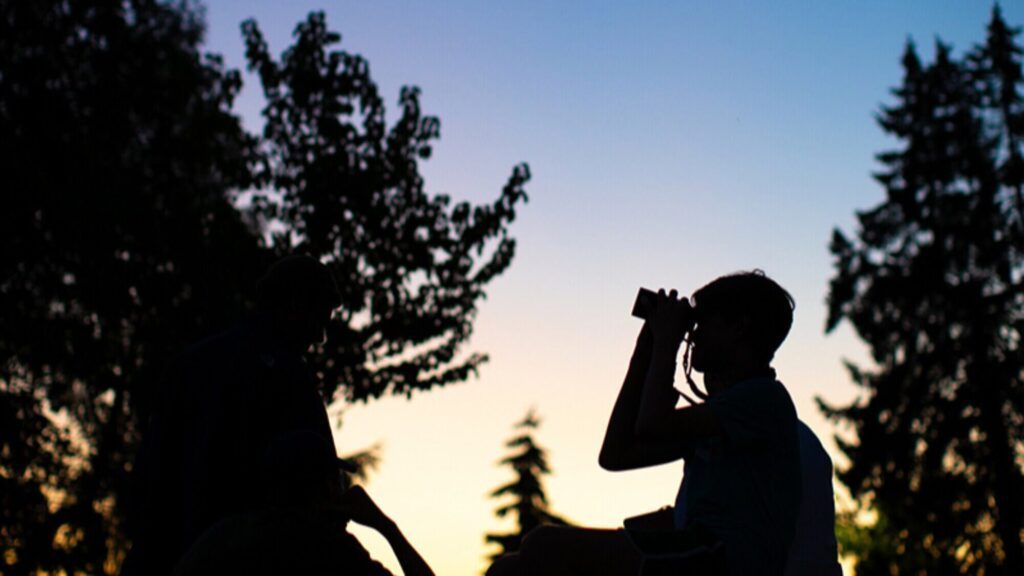 Two people sit outdoors at dusk, one holding binoculars, as trees are silhouetted against a blue and orange sky—searching for the Bat Signal Seattle.