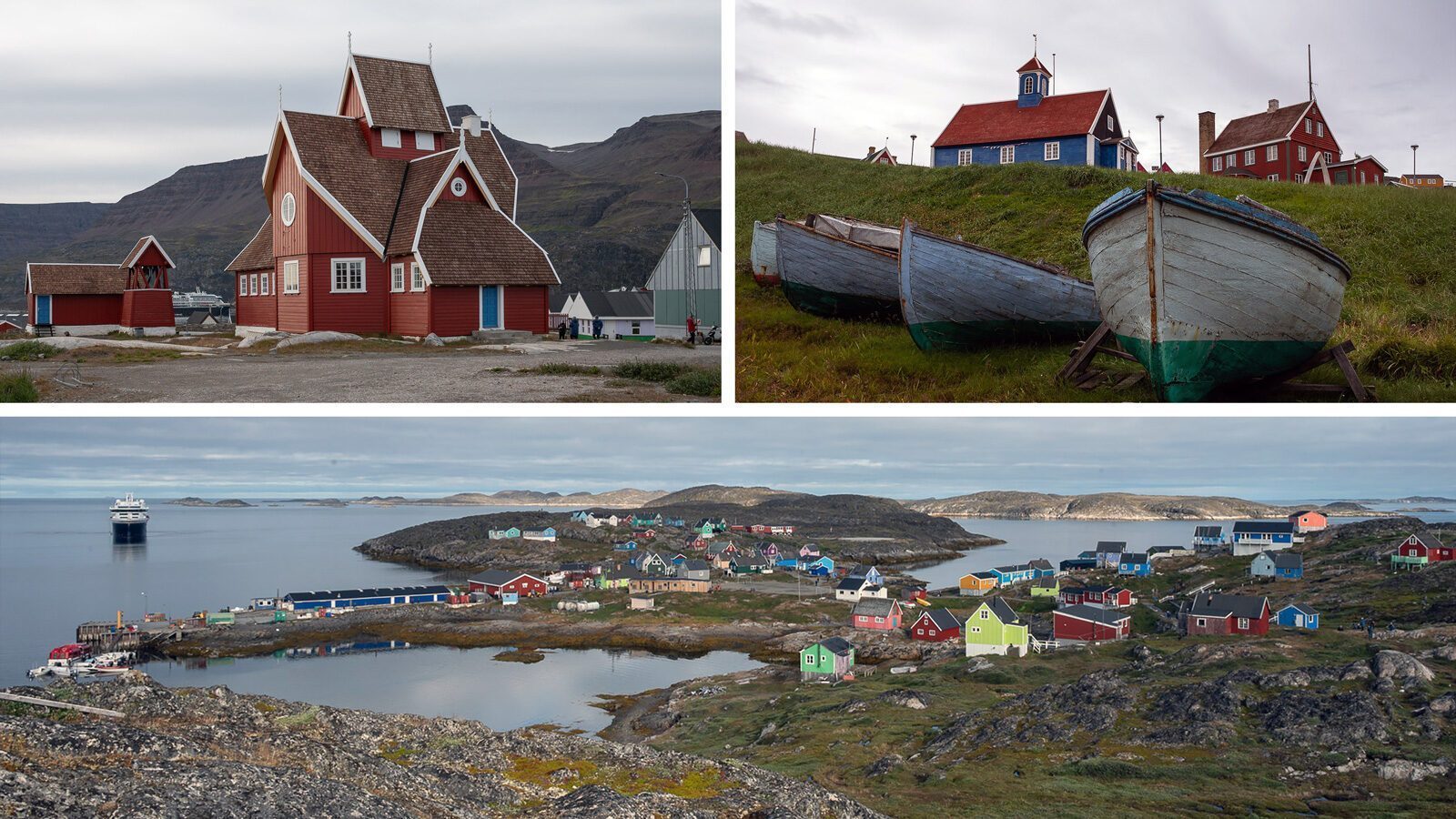 Three images of a coastal Greenland town: red wooden buildings, old boats on grass, and a panoramic view of colorful houses by the sea with icebergs in the distance and a docked ship.