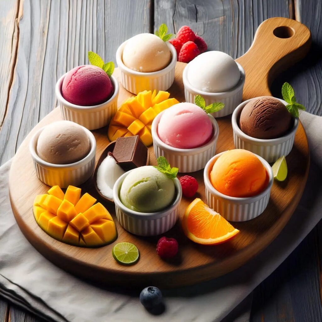 A wooden board with nine bowls of assorted ice cream flavors, surrounded by fresh fruit slices, chocolate pieces, and mint leaves on a gray wooden table.
