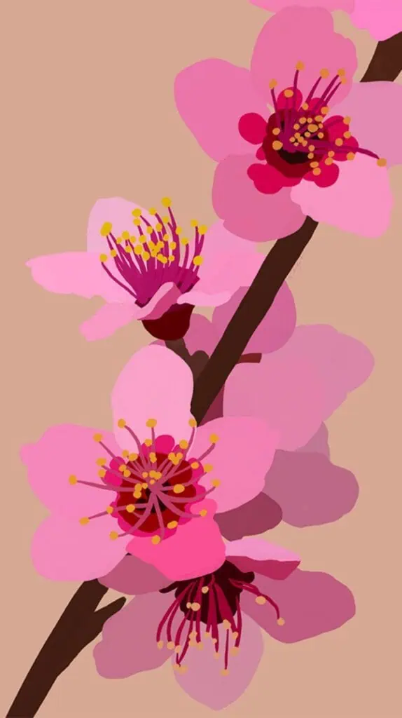A digital illustration of a branch with three pink cherry blossoms, featuring yellow stamens, against a light brown background.