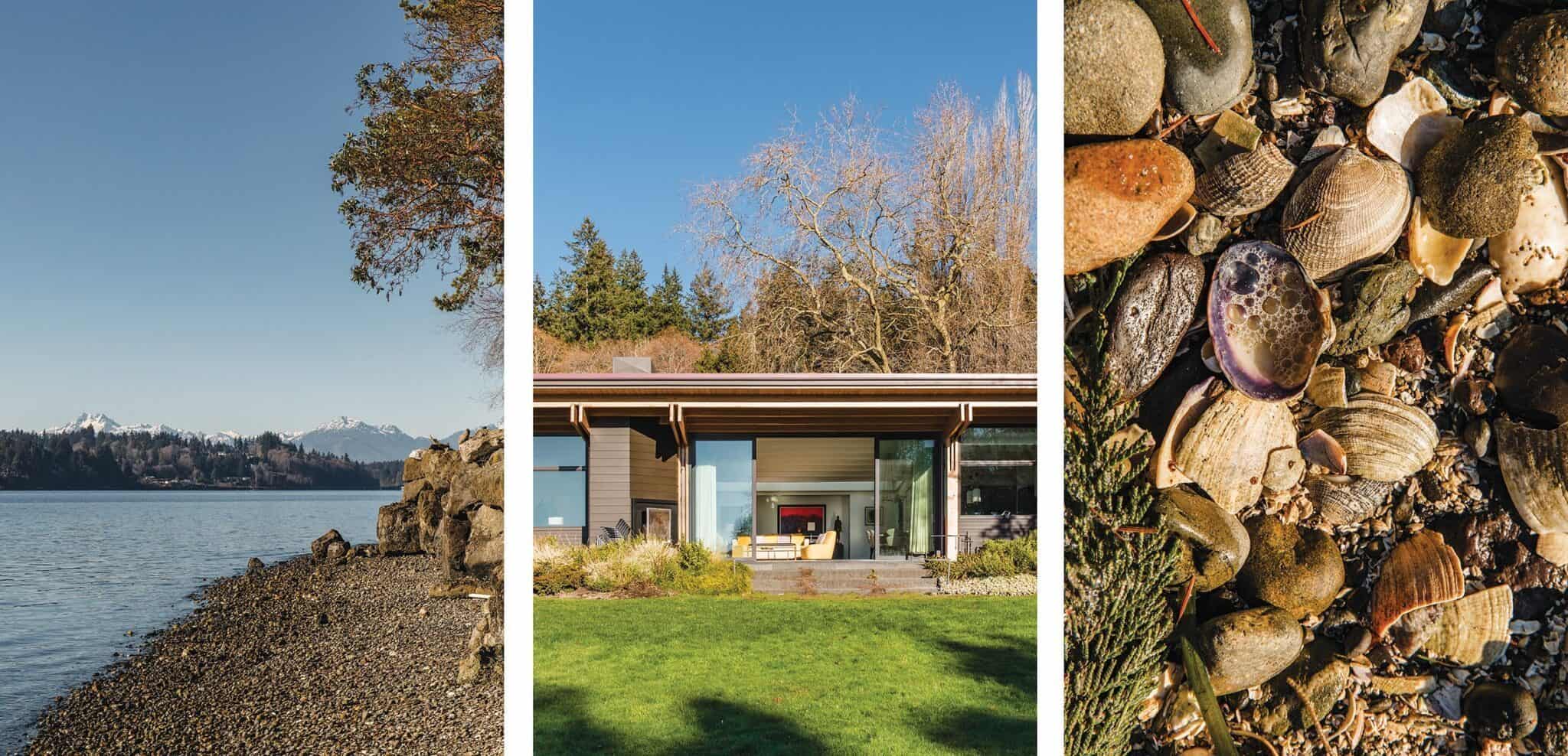Left: Rocky shoreline by a calm sea. Center: Modern house with large windows near trees and grass, perfect for a second home or dream of retiring on the beach. Right: Close-up of various seashells on the ground.