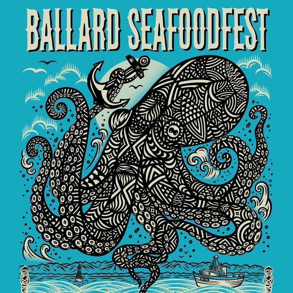 Illustrated octopus with intricate patterns holding an anchor, "Ballard SeafoodFest" text above on a blue background, boat and seagulls in the scene—a must list event happening 07-10-2025.