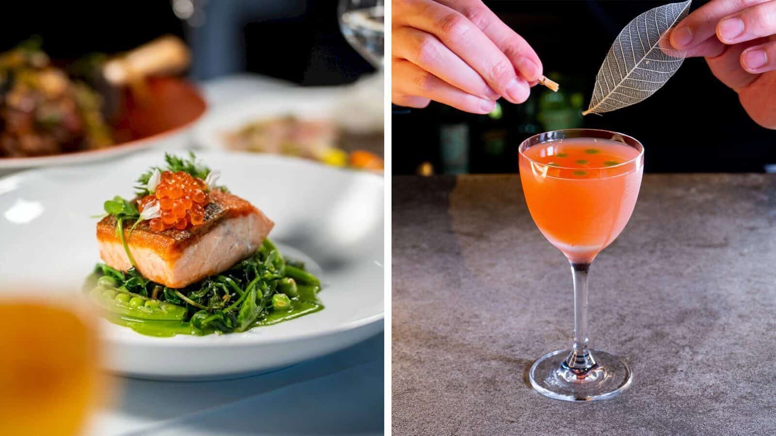 A plated salmon dish with greens and roe on the left; on the right, a person garnishes an orange cocktail in a stemmed glass—perfect for relaxation after exploring Woodinville's vibrant wine scene.