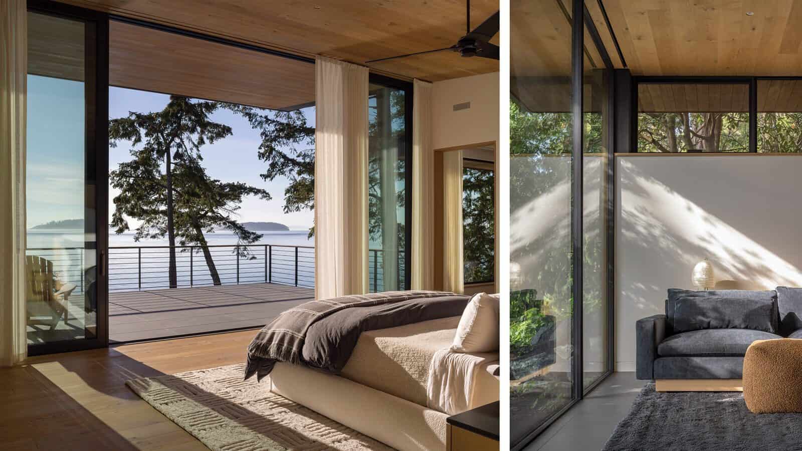 A modern bedroom with floor-to-ceiling windows opens to a balcony overlooking water and trees on Orcas Island; adjacent image shows a sunlit living area with a sofa and glass walls, perfect for an inspired home renovation.