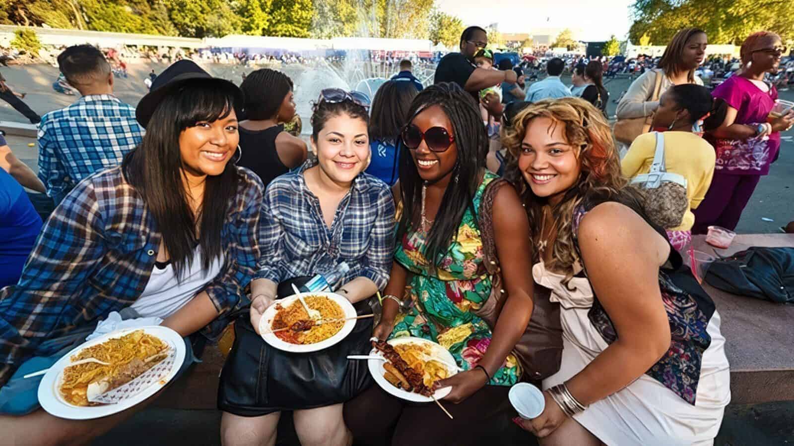 Four women sit outdoors at the Bite of Seattle, smiling at the camera and holding plates of food, with people and a fountain visible in the background.