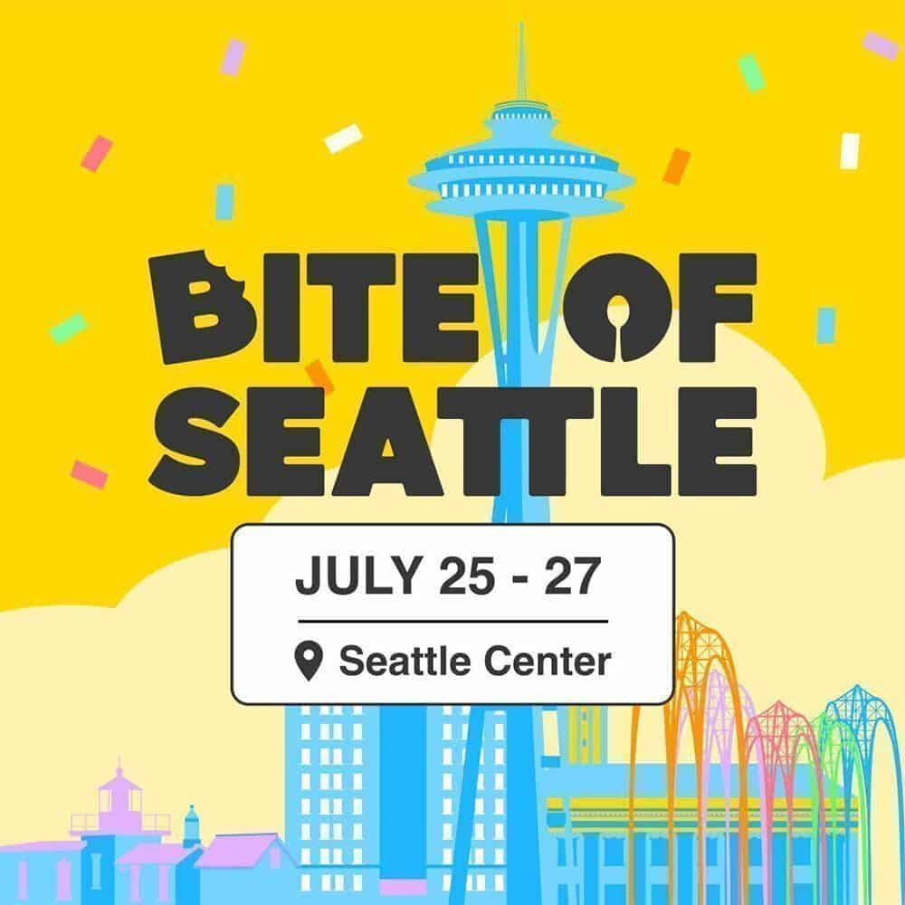 Illustration promoting "Bite of Seattle," a Must List event happening July 25-27, 07-24-2025, at Seattle Center, featuring the Space Needle and city buildings against a bright yellow background.