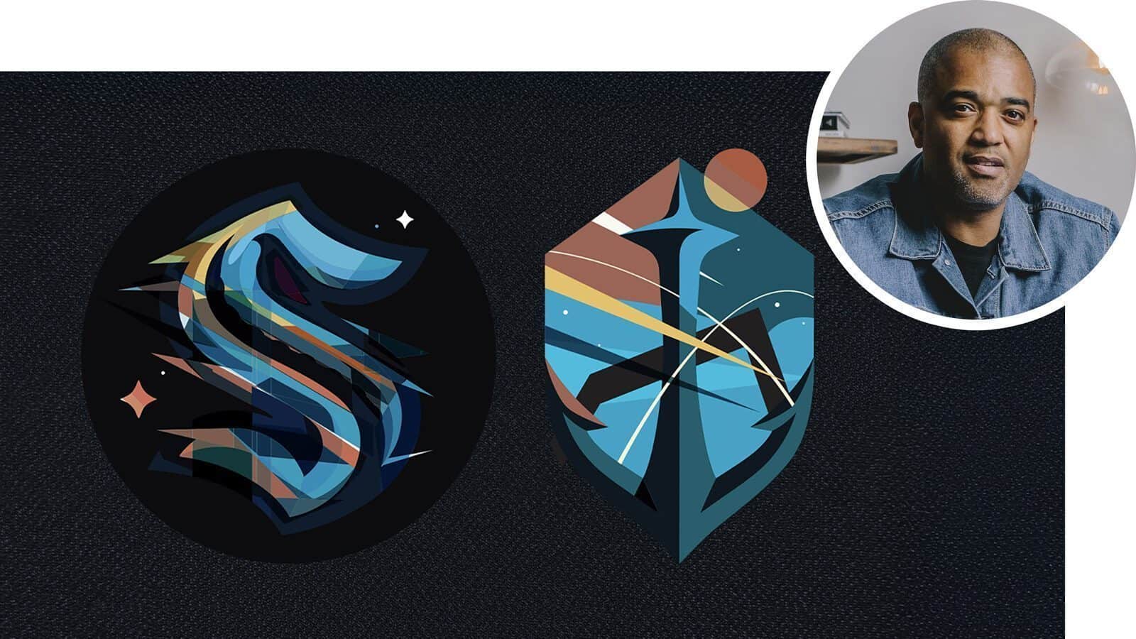 Two abstract, colorful digital illustrations—one shaped like an "S" and the other resembling a shield—evoke the spirit of the Kraken alongside a circular portrait of a man in a denim jacket.