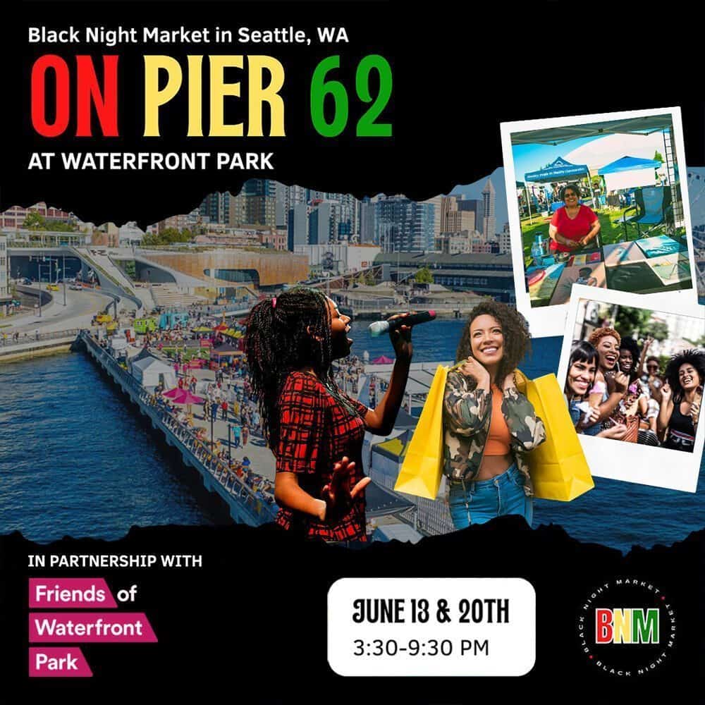 Promotional flyer for Black Night Market in Seattle, a Must List event! Features city skyline, people enjoying the market. Join us June 18 & 20 or mark your calendar for 06-12-2025 at Pier 62, Waterfront Park, 3:30–9:30 PM.