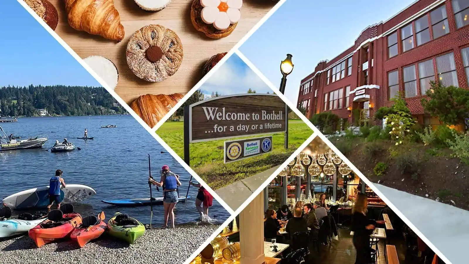 A collage image featuring pastries, waterfront activities, a "Welcome to Bothell" sign, a brick building, a cafe's interior, and people kayaking in Hidden Washington.