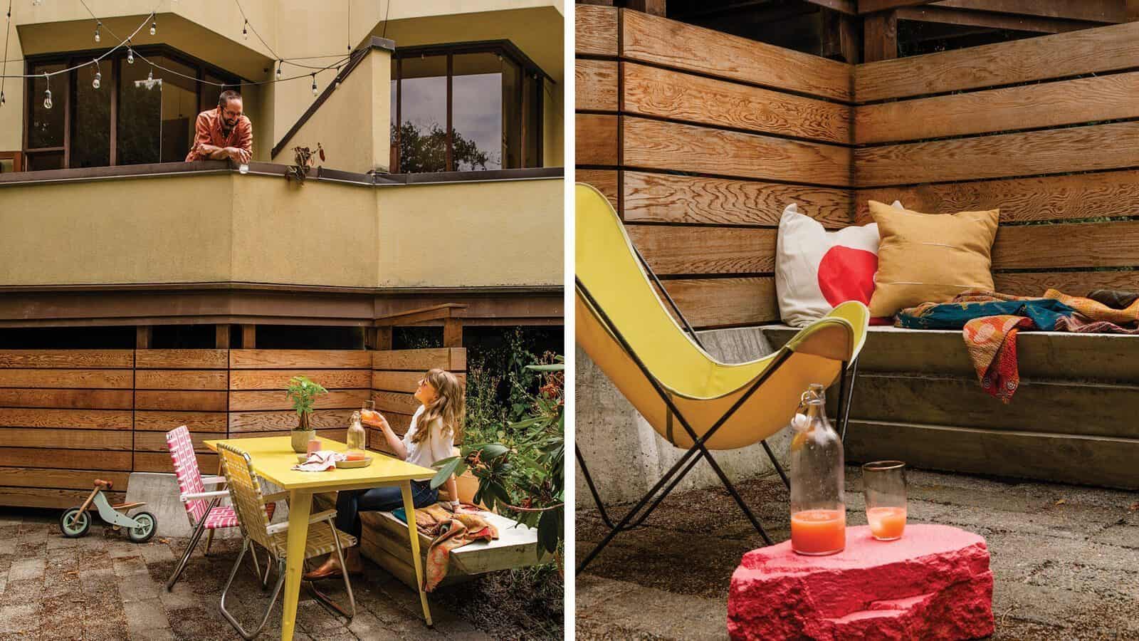 Two outdoor spaces: Left reveals a woman at a yellow table with a man above. Right showcases a cozy corner reminiscent of Frank Lloyd Wright's style, featuring cushions, a yellow chair, and drinks on a small red table.
