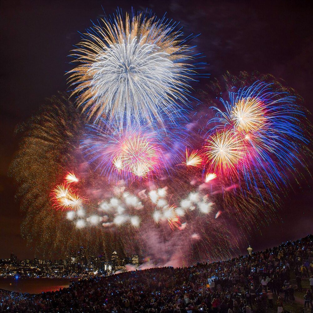 A large crowd watches colorful fireworks light up the night sky above a cityscape, with red, blue, purple, and gold bursts dominating the scene—a must-list event to experience on 07-03-2025.