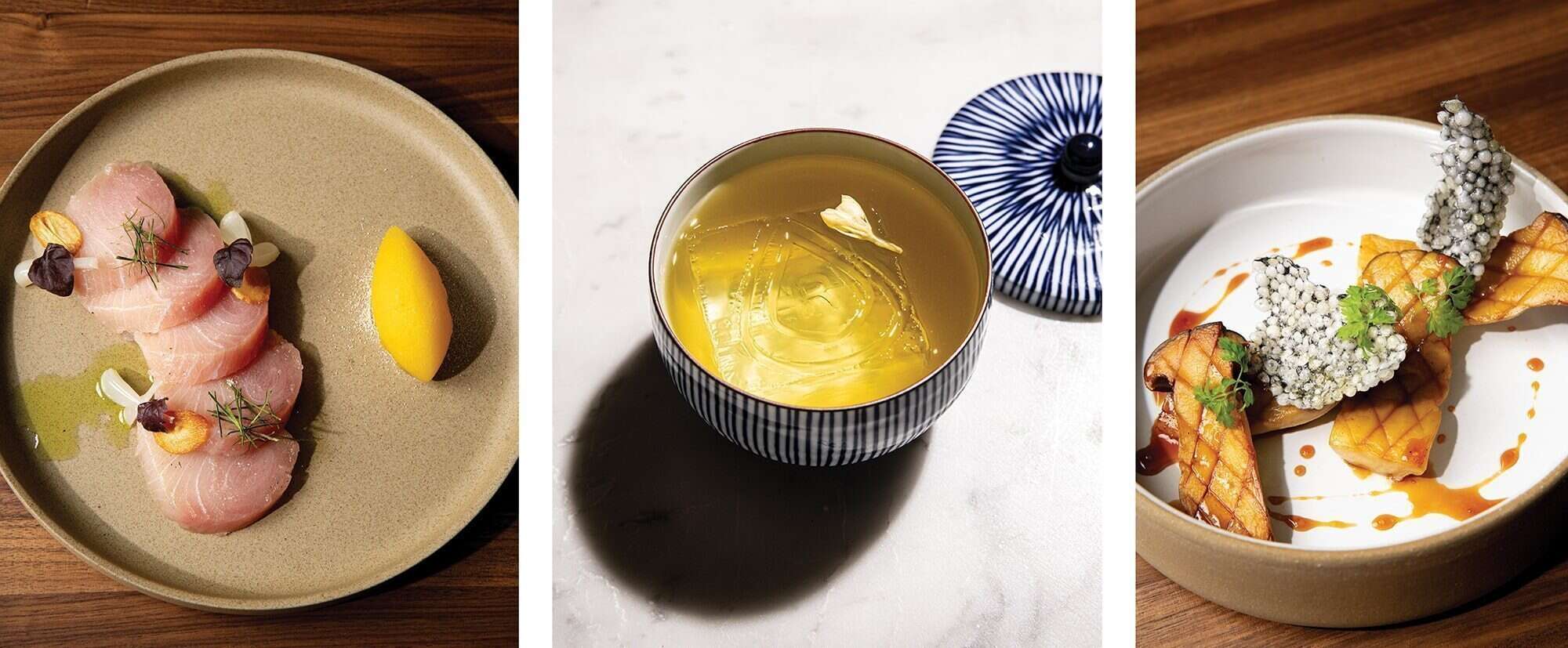 Three gourmet dishes at Capitol Hill restaurants: sliced raw fish with garnish and a yellow dollop, a bowl of clear broth or jelly, and plated grilled seafood with crispy garnish and sauce by chef Trinh Nguyen.