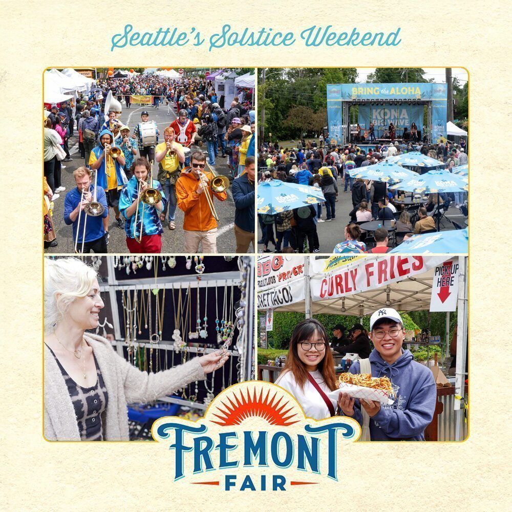A collage of Fremont Fair at Seattle’s Solstice Weekend—06-19-2025 Must List—featuring a street parade, outdoor concert, jewelry vendor, and two people holding curly fries.