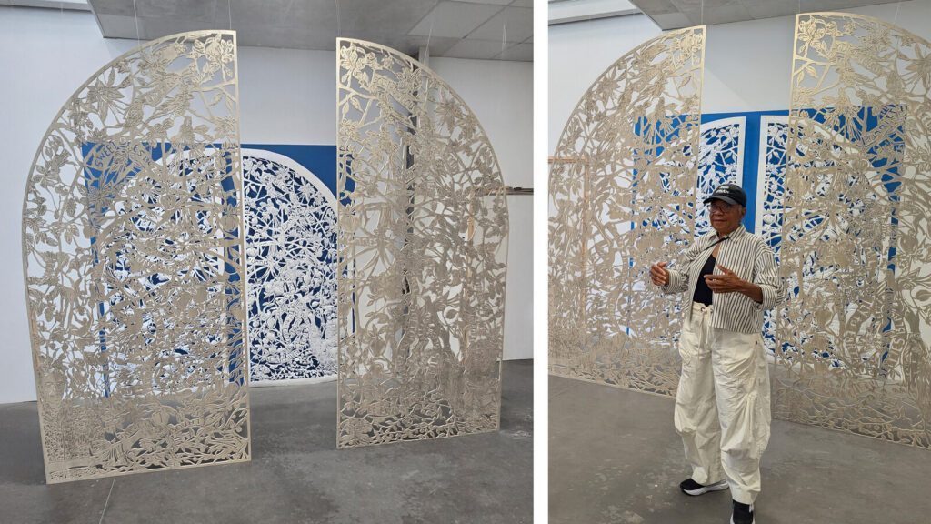 Two photos: left shows an arched, intricate metal screen art piece; right shows a person standing beside the screen, gesturing, inside a gallery space.
