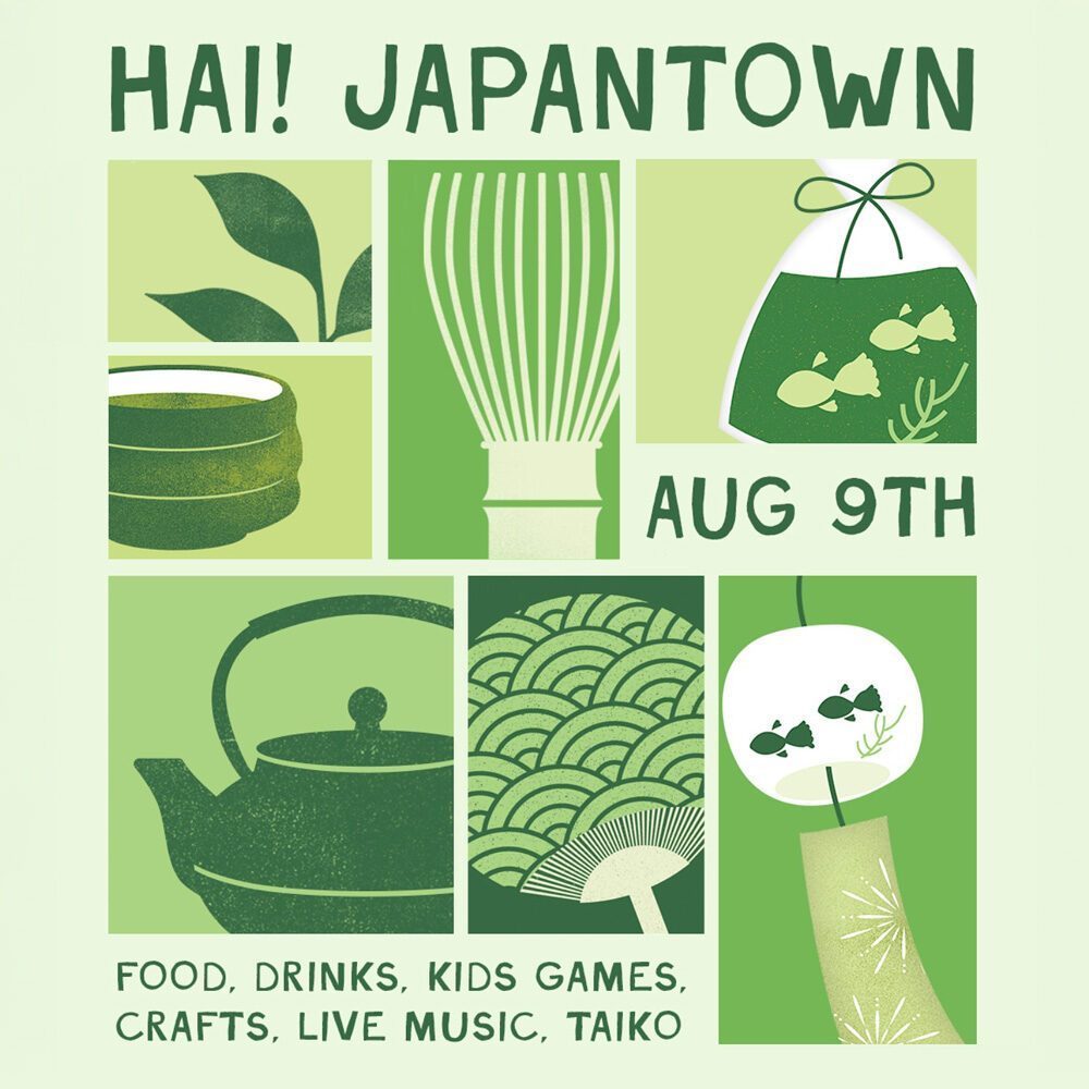 Must List: Don’t miss the Japantown event on 08-07-2025! The poster features Japanese-themed illustrations and details about food, drinks, kids games, crafts, live music, and taiko.