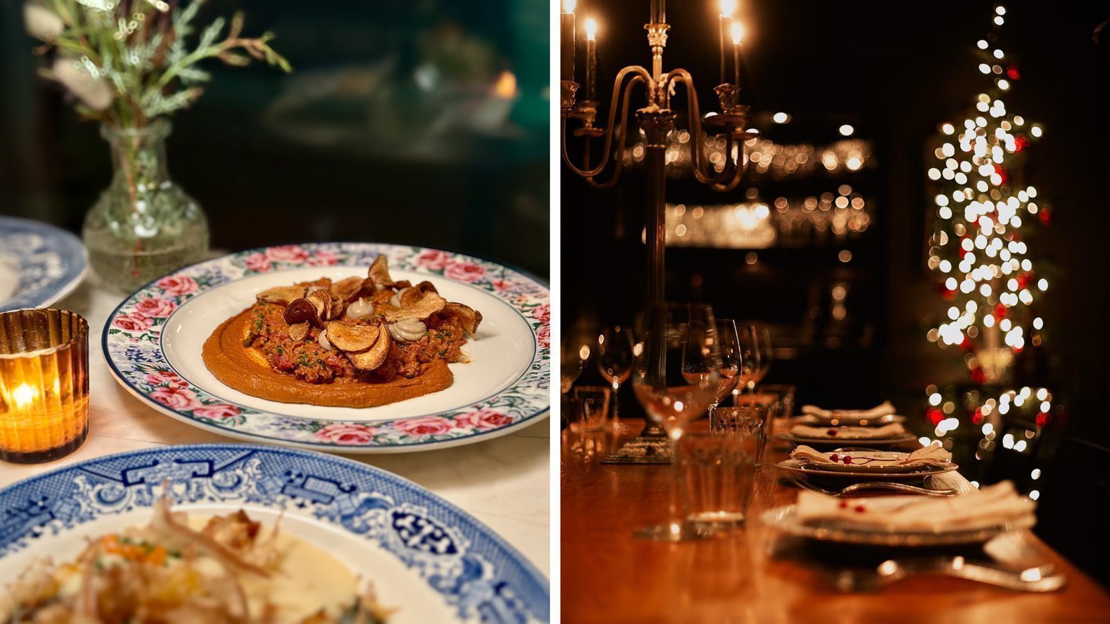 A table with decorative plates of food on the left and a dimly lit dining table adorned with a candelabra and Christmas lights on the right sets the scene for a Seattle New Year celebration that's perfect for all types.
