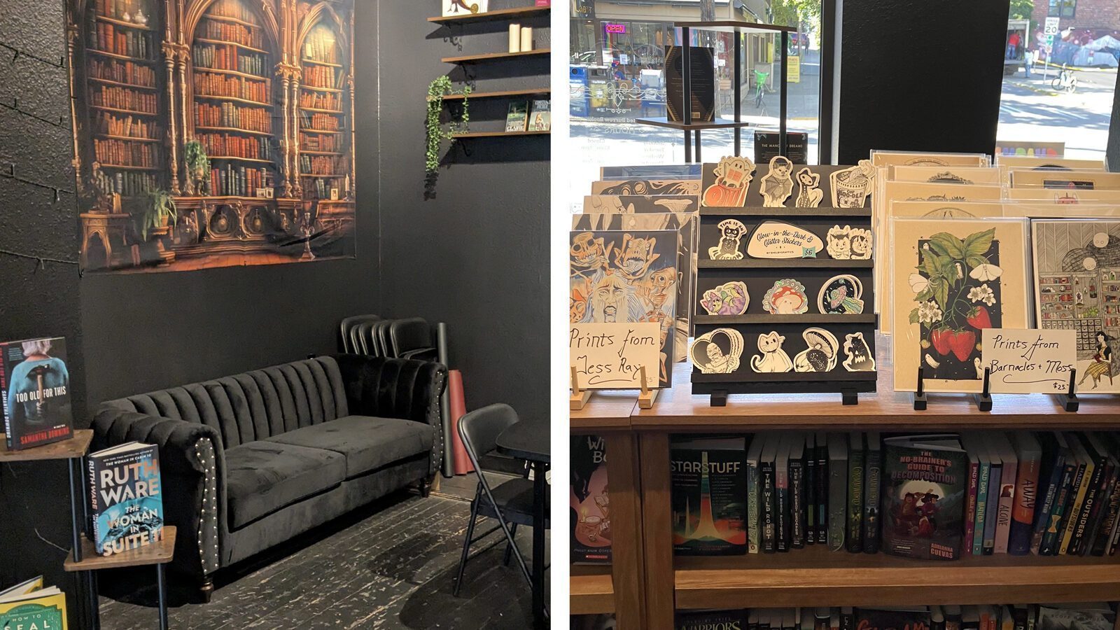 A cozy bookshop interior with a gray couch, bookshelf, and book-themed wall art, alongside display racks holding art prints and stickers near a window—perfect for readers to enjoy a quiet bite of literary inspiration.