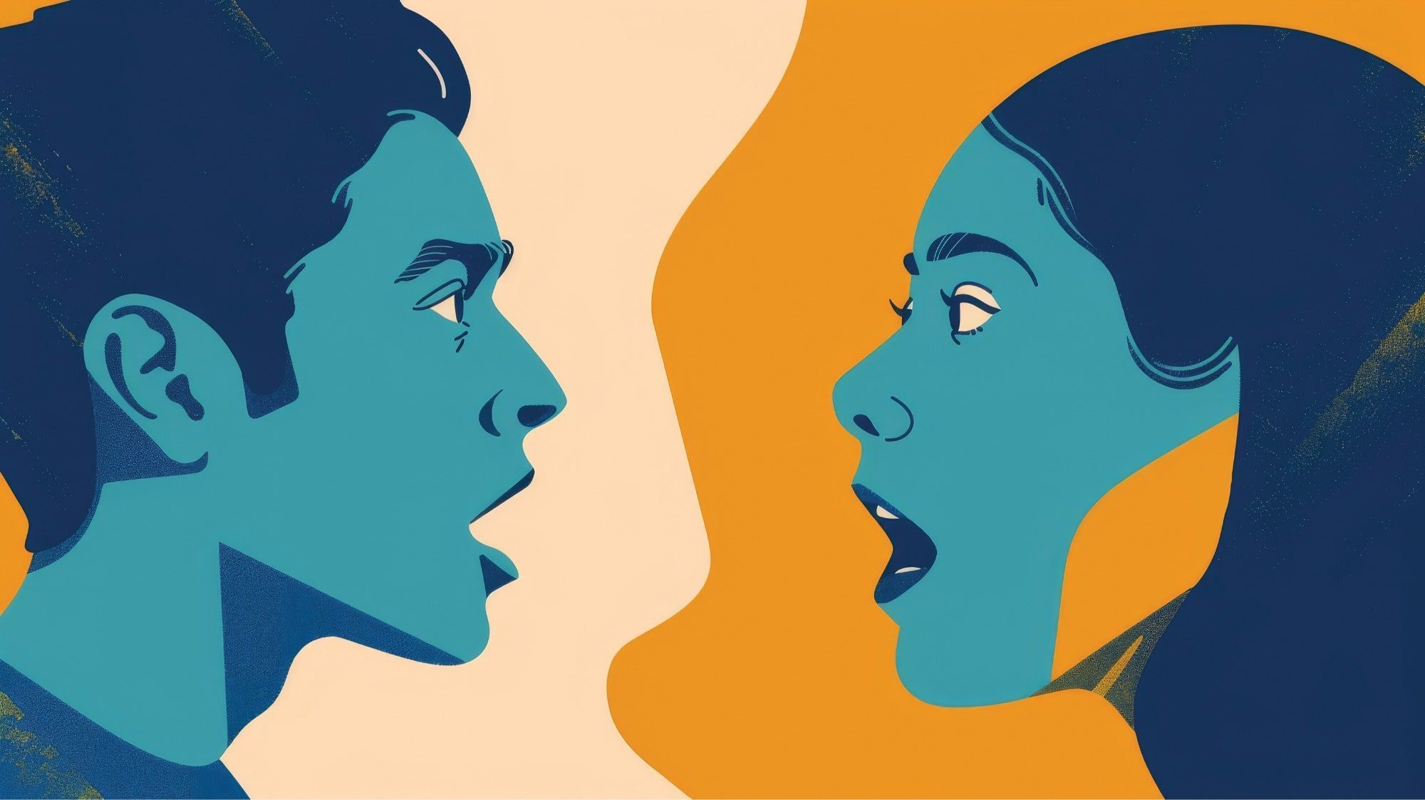Illustration of a blue-toned couple engaged in an intimate conversation, their surprised expressions highlighted against an abstract yellow and beige background.