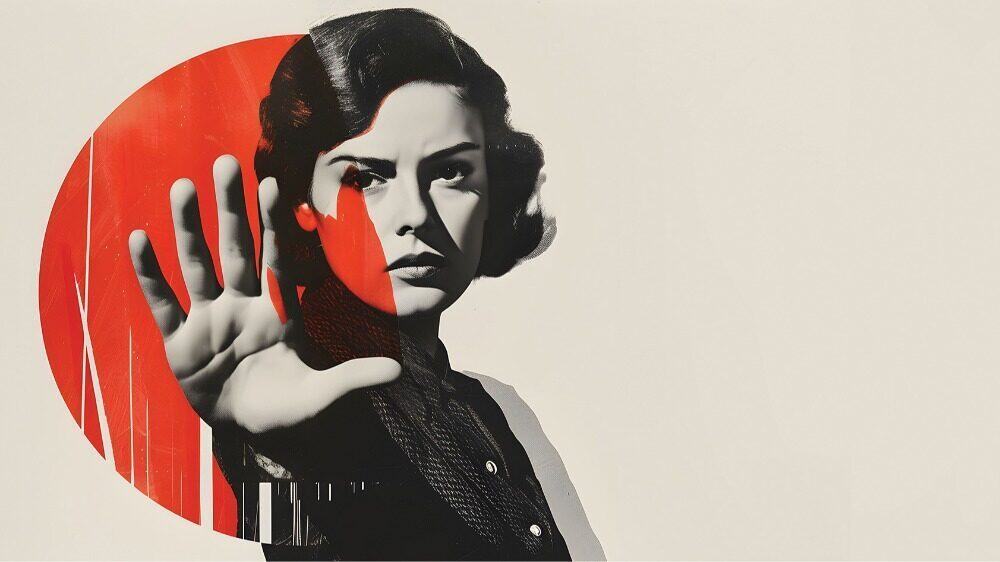 Black-and-white portrait of a woman with her hand raised, partially overlaid by a red circle, set against a plain light background—a powerful nod to the ongoing struggle for women's rights.