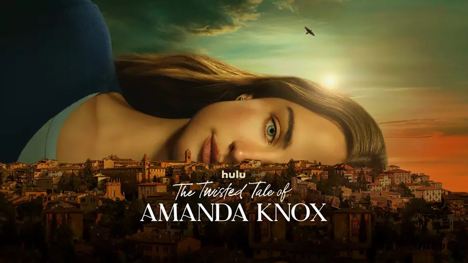A woman's face lies across a cityscape at sunset, with the text "The Twisted Tale of Amanda Knox: Reclaims Her Story" and the Hulu logo displayed in the foreground.