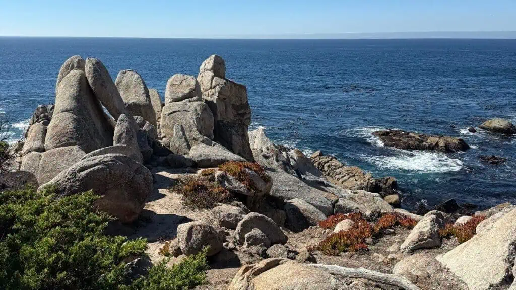 Large, weathered rocks sit on a rugged coastline beside the blue ocean under a clear sky, with sparse green and red vegetation in the foreground.
