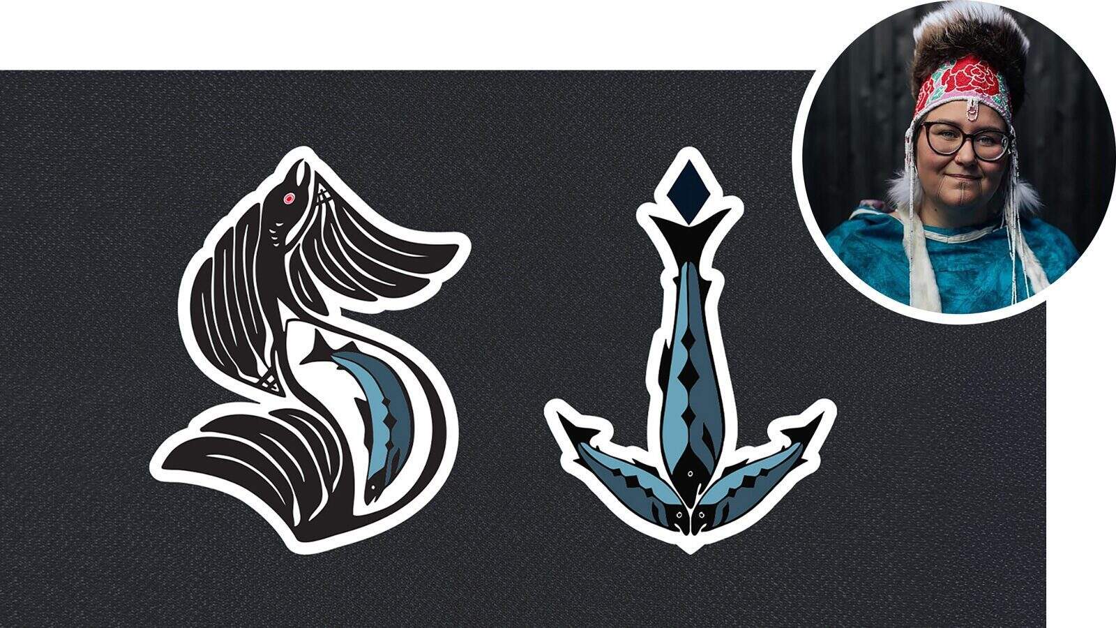 Two stylized stickers—one a fish forming an "S," the other an anchor—are displayed on a dark background. Inset is a portrait of a person in glasses and traditional attire, inspired by the bold look of this season’s Kraken artist-designed jerseys.