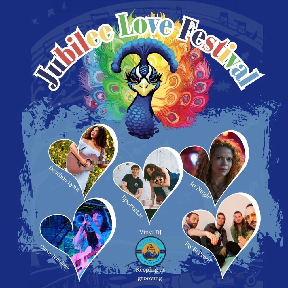 Jubilee Love Festival poster, featured on the Must List, boasts a colorful peacock illustration and photos of solo artists, a duo, and a band in heart-shaped frames. Save the date: 08-21-2025!.