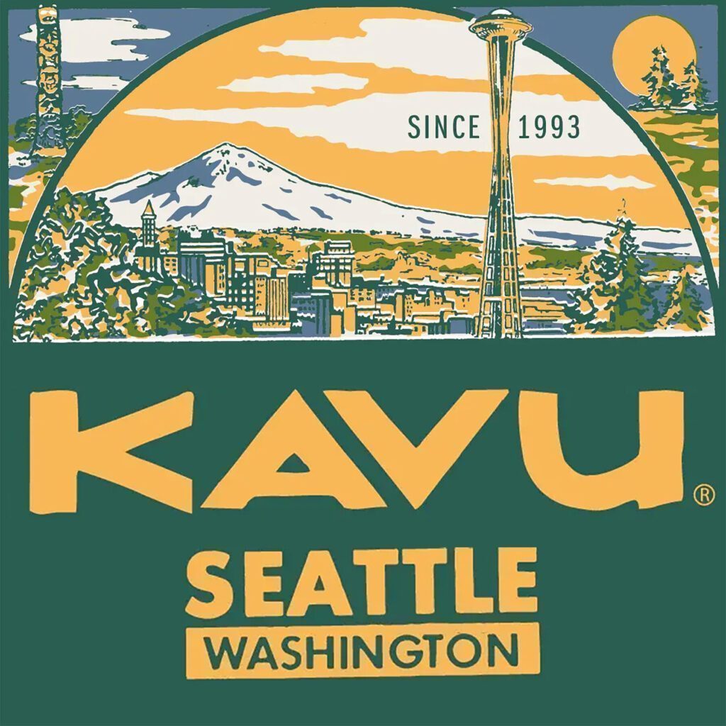Illustration features Seattle landmarks with Mount Rainier in the background, the Space Needle, and the text "KAVU Seattle Washington Since 1993" in yellow and white on a green background—perfect for Seattle Mother’s Day or as a unique addition to any Seattle gifts collection.