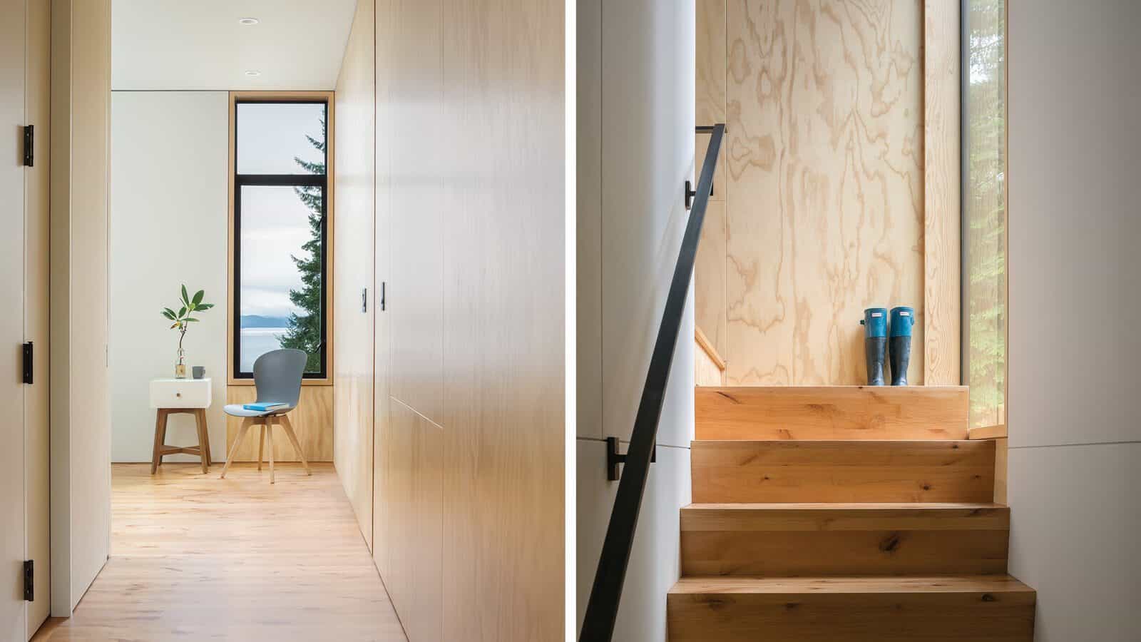 Two minimalist interiors evoke summers in the waterfront: a hallway with a chair and table near a window, and a wooden staircase where blue boots rest by a tall window—perfect for inspiring second homes.