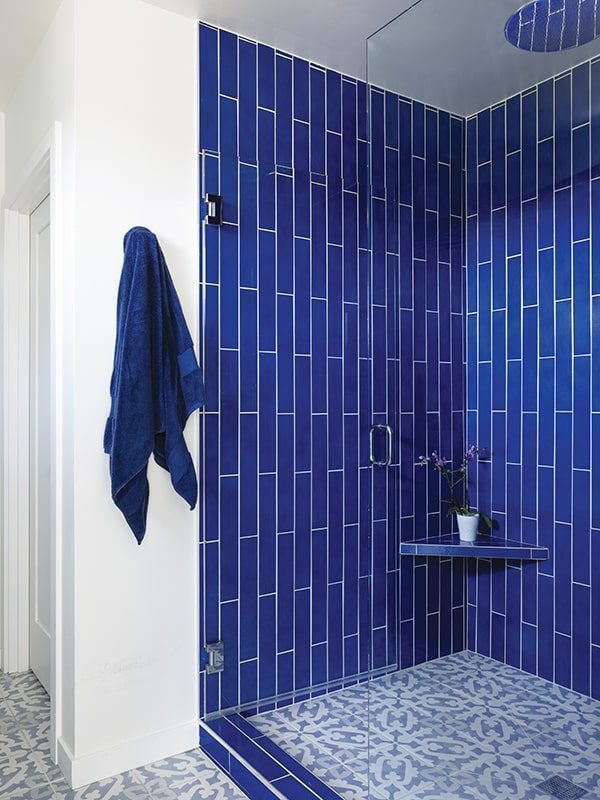 A shower with deep blue vertical tiles, a glass door, and a blue towel hanging on a wall hook. A small potted plant sits on a corner shelf of this new home built in the 1990s. Patterned blue and white floor tiles complete the look.