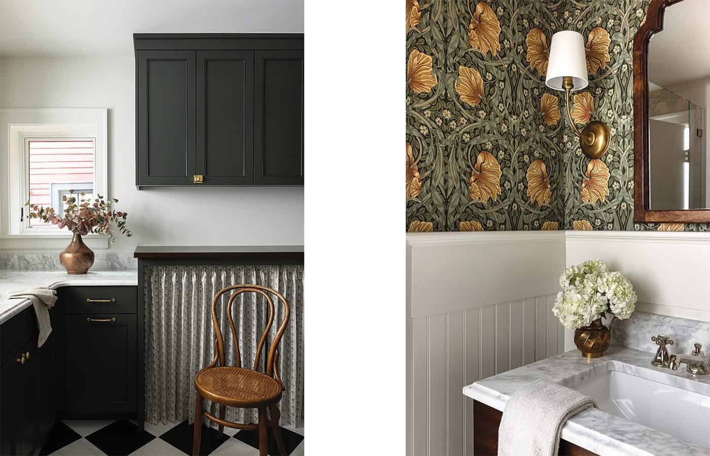 Left: A laundry room with dark green cabinets, marble countertop, and a wooden chair. Right: A bathroom with floral wallpaper, sconce, and marble-topped vanity with a vase of white flowers.