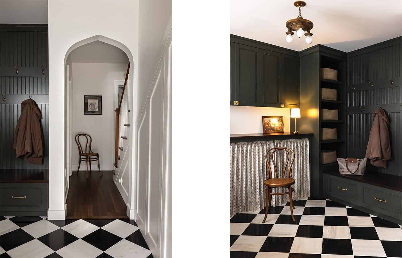 Two views of a hallway and mudroom with dark green cabinetry, checkered black and white floor, a wooden chair, coat hooks, baskets, and a coat hanging on the wall.