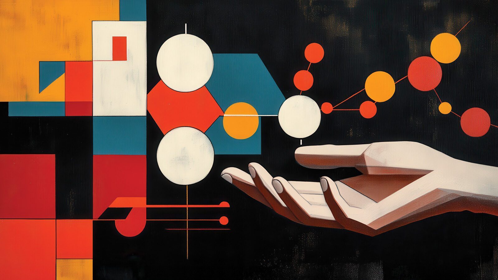 A stylized hand reaches toward geometric shapes and circles in red, yellow, white, and blue against a black background, evoking the allure of common medical myths spread by health gurus on the internet.