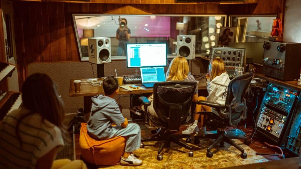 Four people sit in a recording studio at a mixing desk with computer screens, while a person stands behind glass in a recording booth.