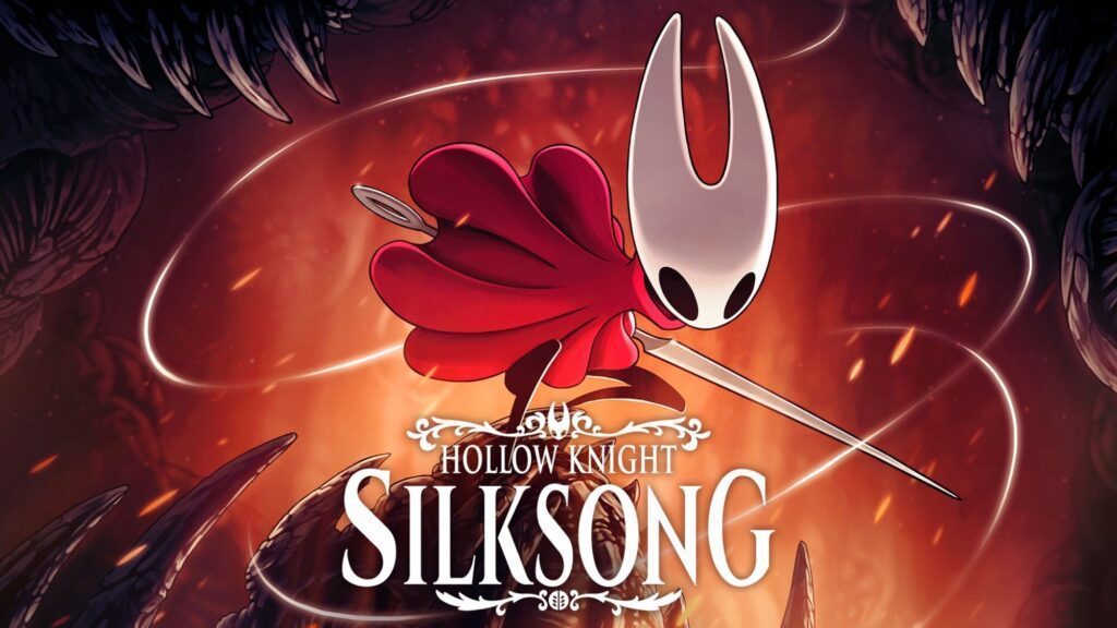 A white-masked character in a red cloak jumps with a needle weapon against a fiery background at a Seattle gaming convention. The text "Hollow Knight Silksong" is displayed at the bottom.