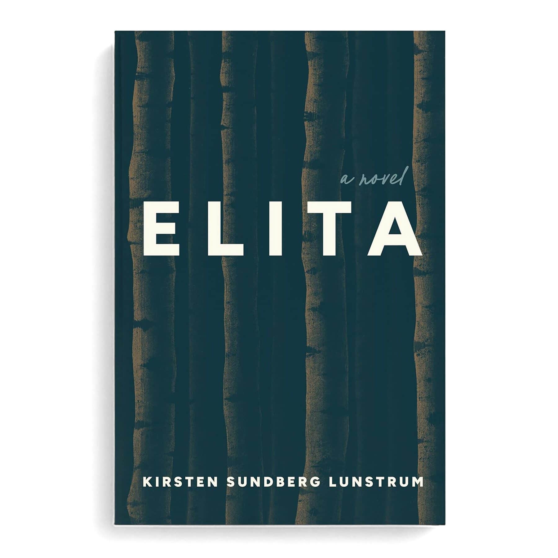 The book cover for "Elita: A Novel" by Kirsten Sundberg Lunstrum features vertical tree trunks on a dark background with large, bold white text—a moody design perfect for your summer reads.