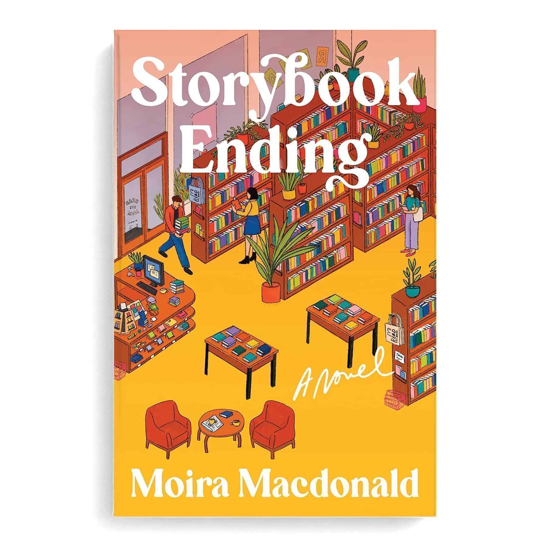 Book cover of “Storybook Ending” by Moira Macdonald, featuring an illustrated library scene—perfect for summer reads—with bookshelves, tables, and people reading.