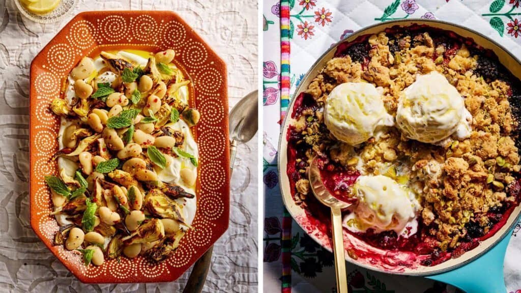 A platter of mixed vegetable salad with herbs on the left and a skillet berry crumble topped with scoops of vanilla ice cream on the right.