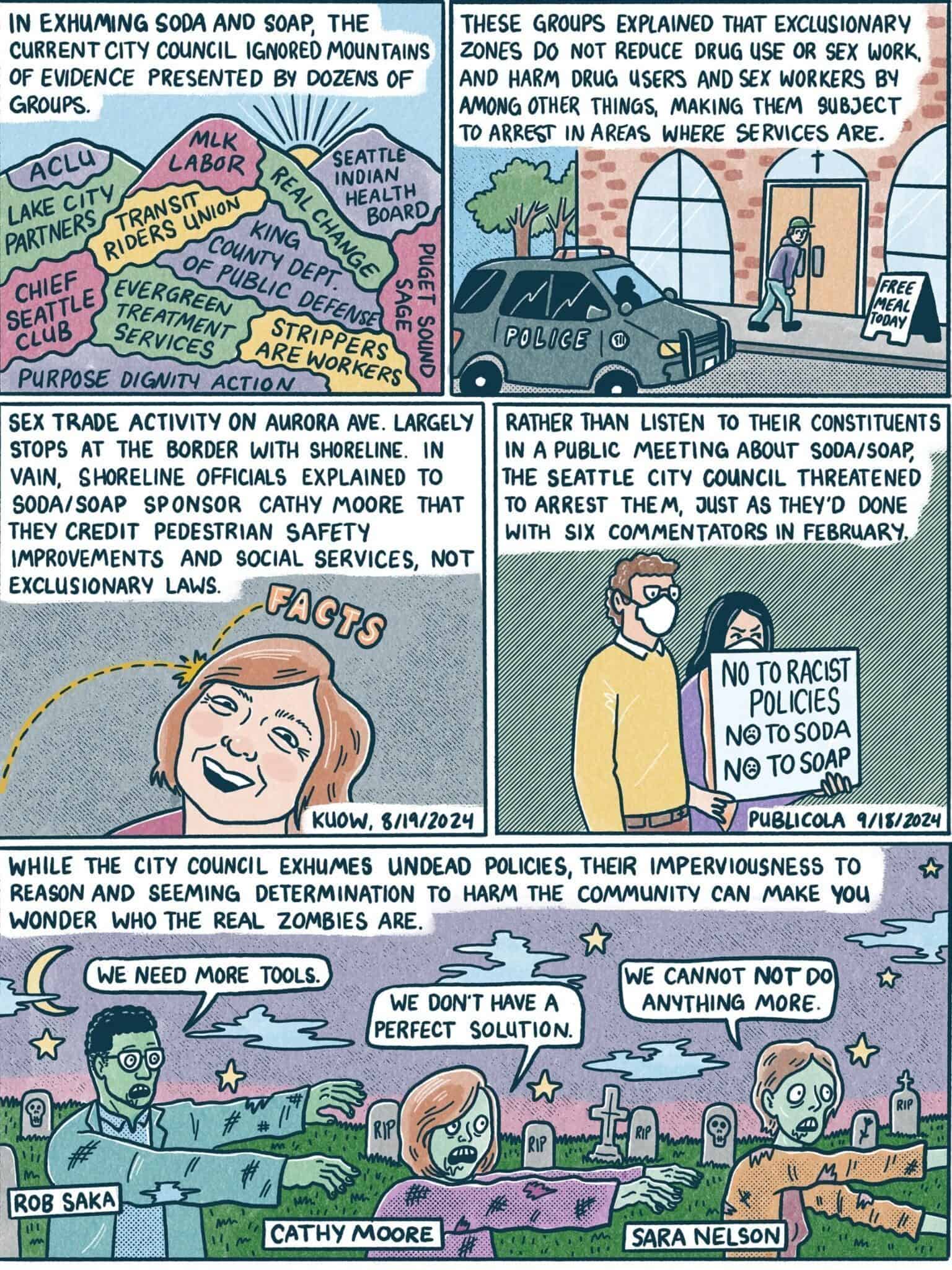 Page 2: In a pen-and-ink comic strip, a satirical city hall meeting unfolds with exaggerated caricatures debating city services and policing. Amidst the witty banter and oversized protest signs, sharp-eyed attendees engage in spirited exchanges that reveal the humor in civic chaos.