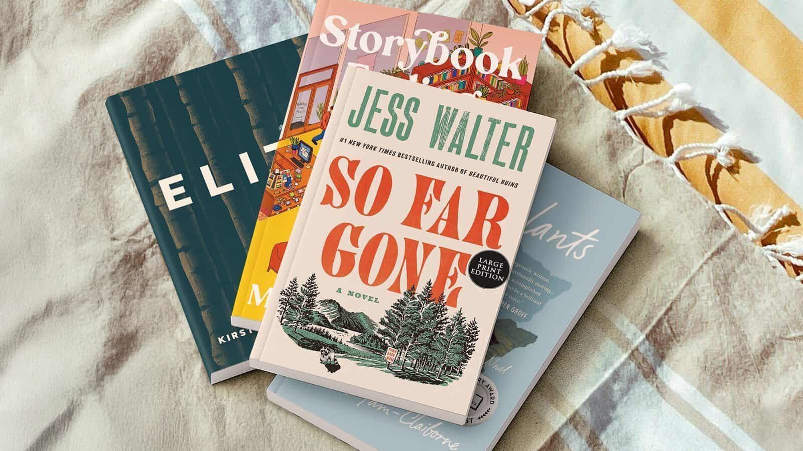 Four books—perfect summer reads—including "So Far Gone" by Jess Walter, are stacked on a beige and white striped blanket with tassels, promising a storybook ending to your afternoon.