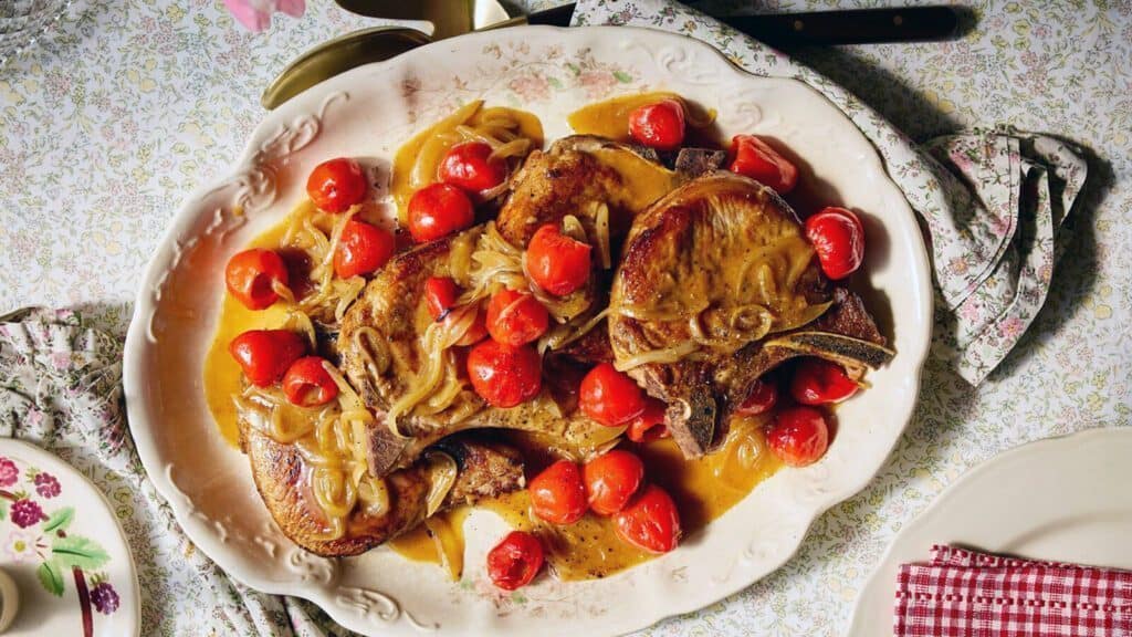 A serving platter with cooked pork chops topped with sautéed onions and cherry tomatoes in a brown sauce, placed on a floral tablecloth.