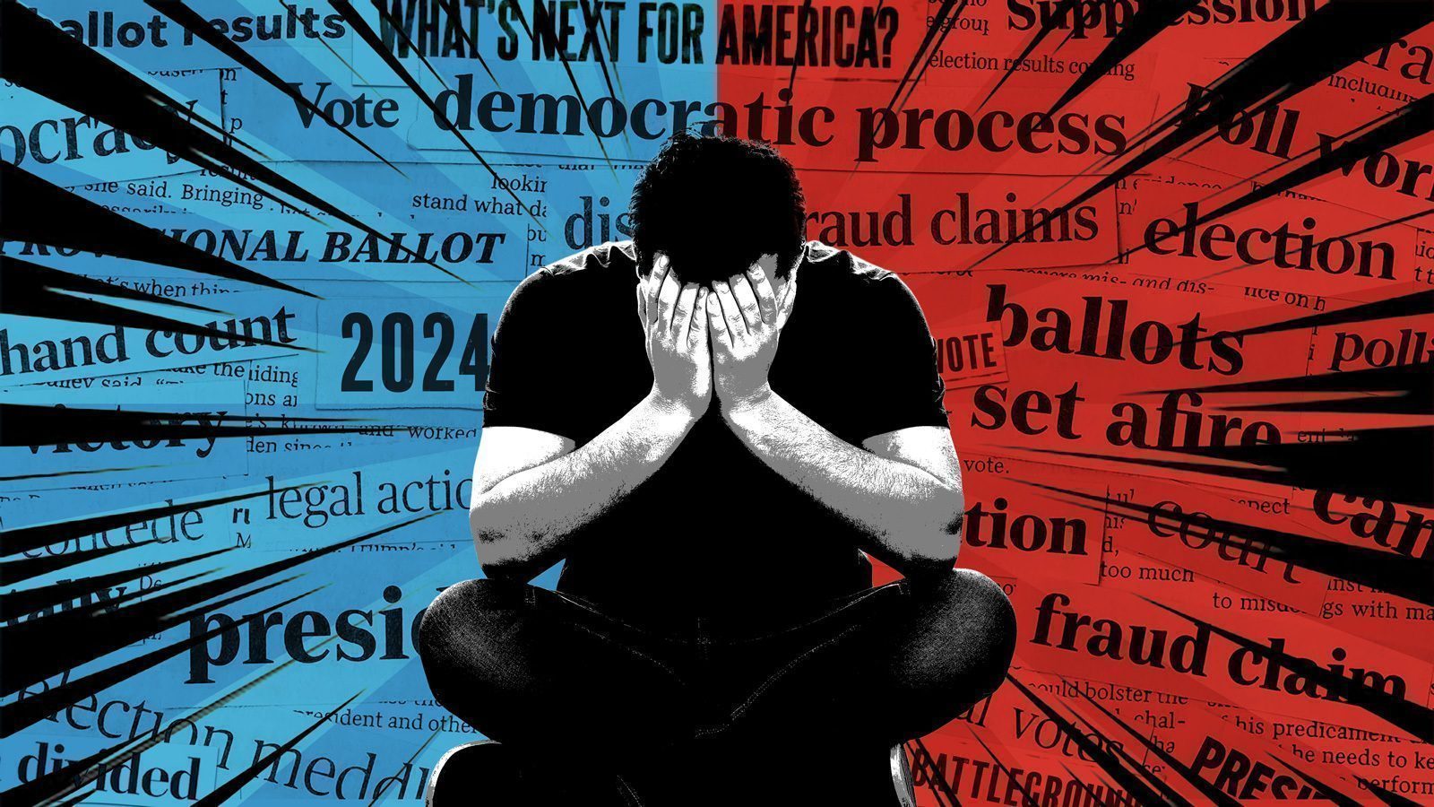 A person sits with head in hands against a background of red and blue, surrounded by words related to elections and political processes, embodying the weight of election-induced anxiety.