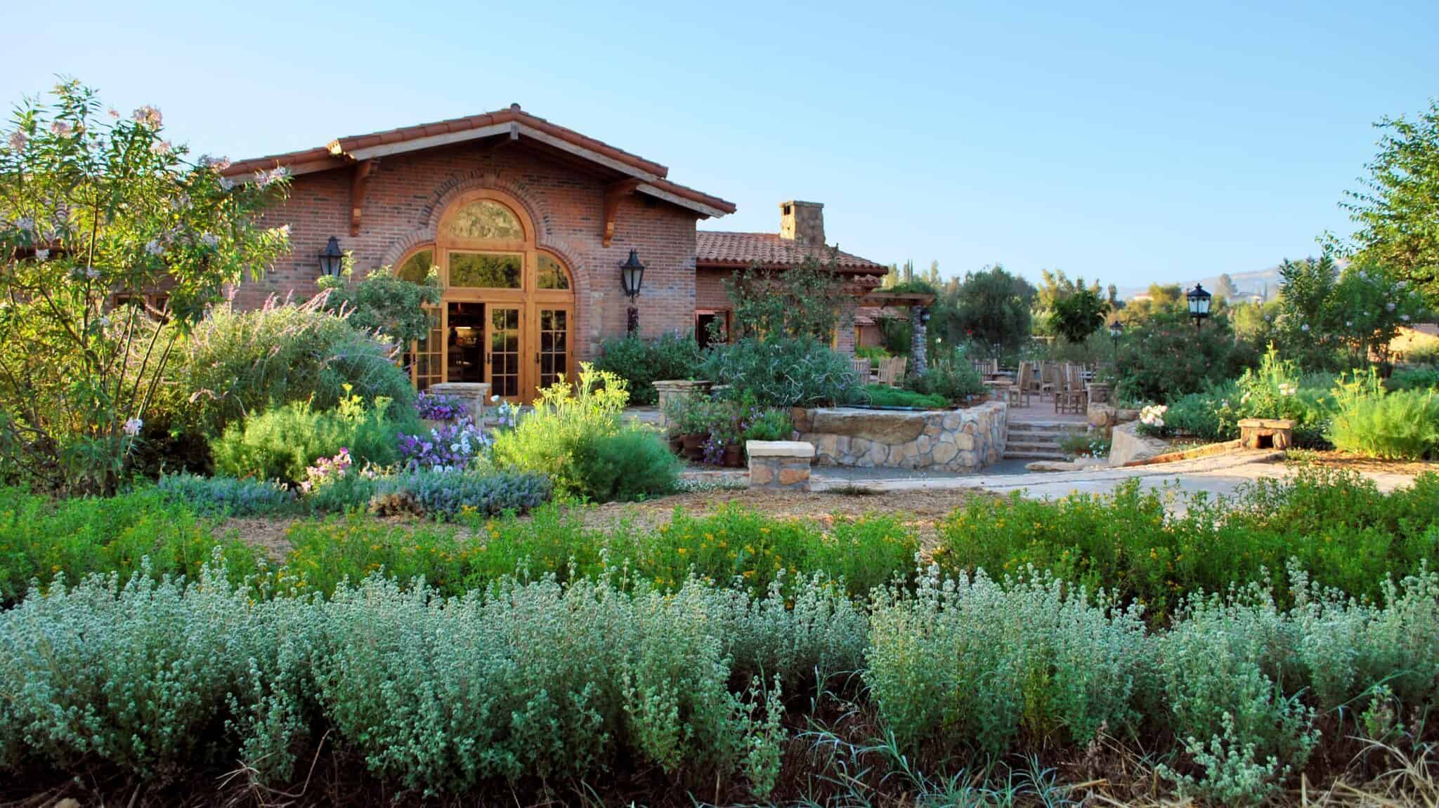 A rustic house with an arched window is surrounded by lush gardens, shrubs, and stone pathways under a clear blue sky, creating a sanctuary reminiscent of Rancho La Puerta.