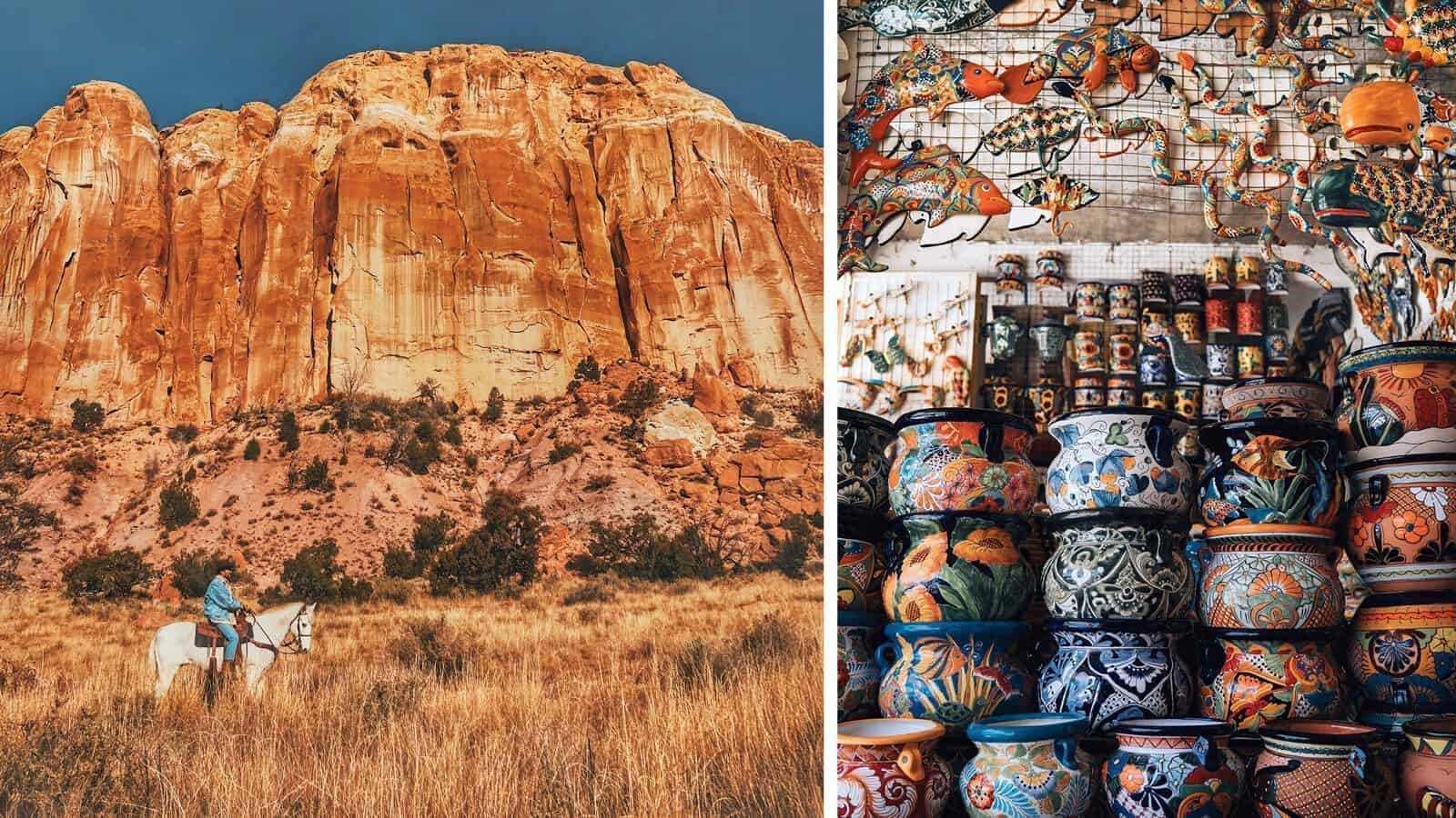 A person on horseback rides near a large red rock cliff; adjacent image shows colorful pottery and animal figurines for sale, capturing the vibrant artistry of Pueblo tribes in this southwestern city.