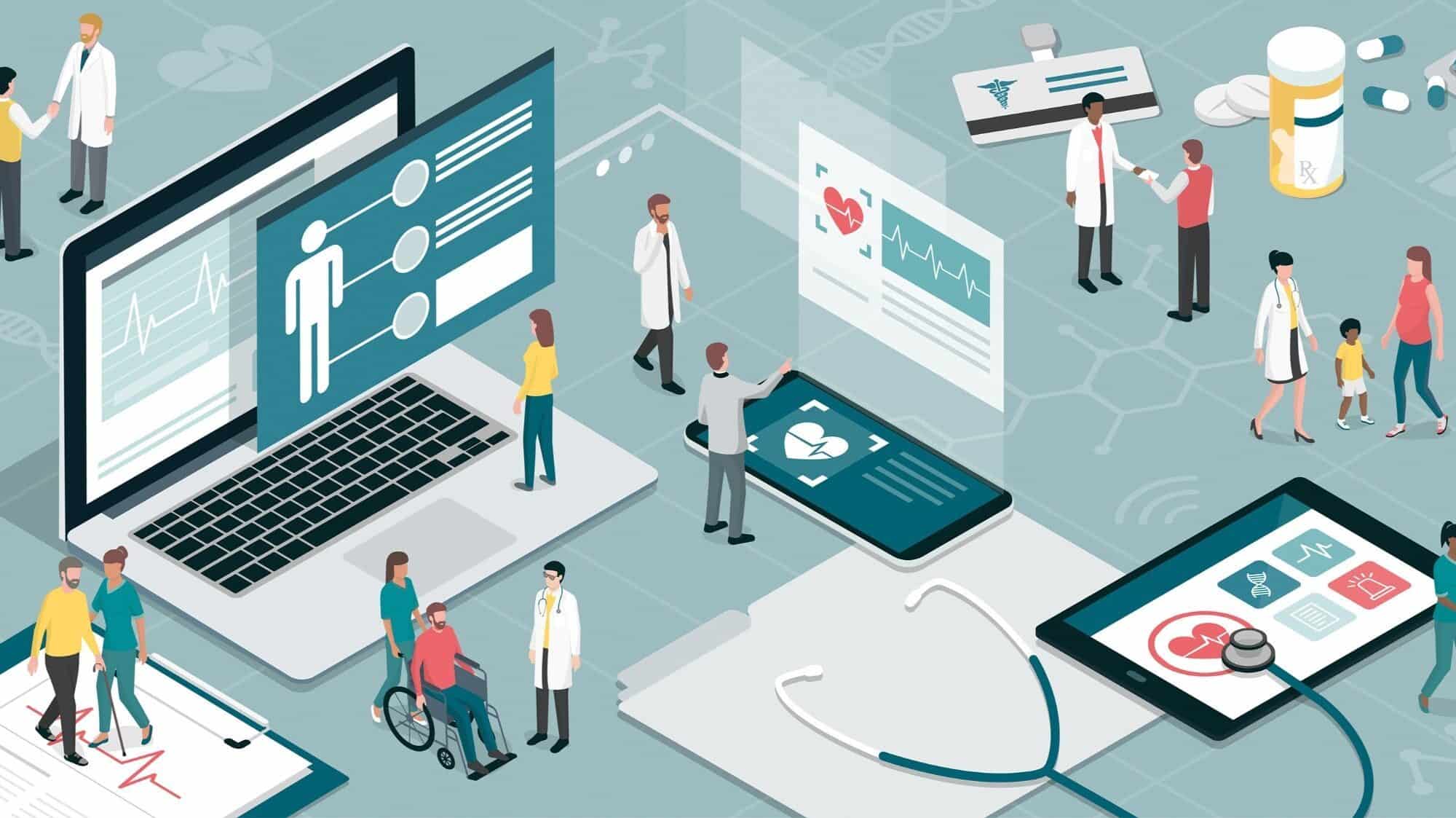 Illustration of healthcare professionals, patients, and digital medical devices such as laptops and tablets, representing modern healthcare, secure healthcare data exchange, and digital health records.