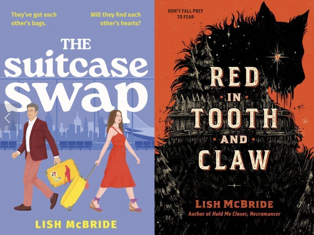 Side-by-side book covers: "The Suitcase Swap" shows two people walking with suitcases; "Red in Tooth and Claw," by author Lish McBride, features a large, dark wolf silhouette set against a red-orange background.