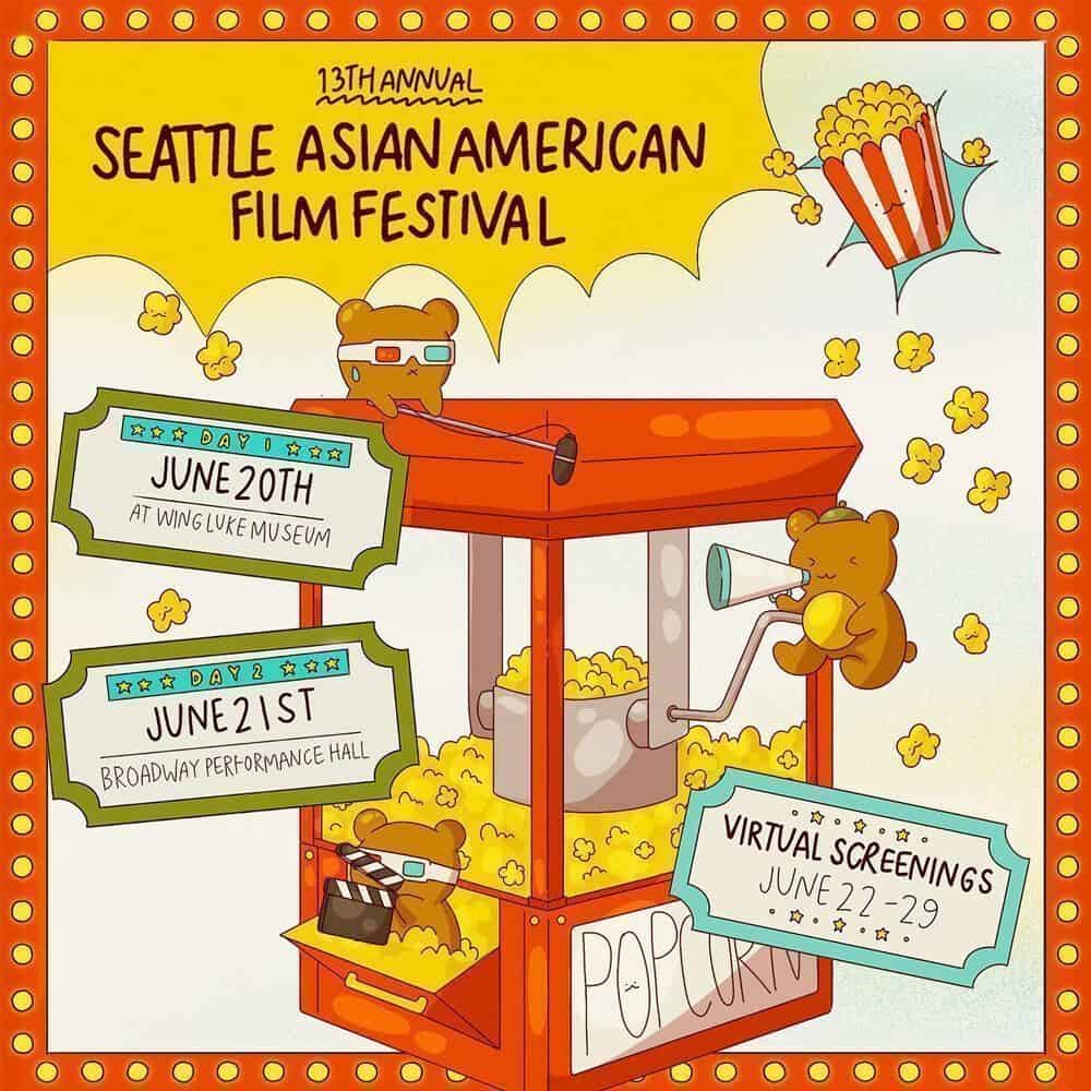 Illustration for the 13th annual Seattle Asian American Film Festival, a Must List event featuring popcorn, bears, and event dates: June 20–29—with both in-person and virtual screenings. Save the date: 06-19-2025!.