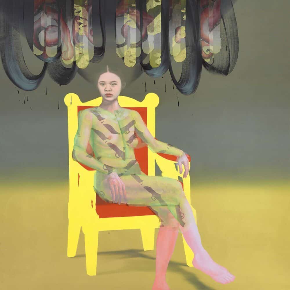 A person with a semi-transparent, abstract body sits on a yellow chair. Dark, swirling shapes hang above them, releasing black drips—a must list visual for 07-31-2025.
