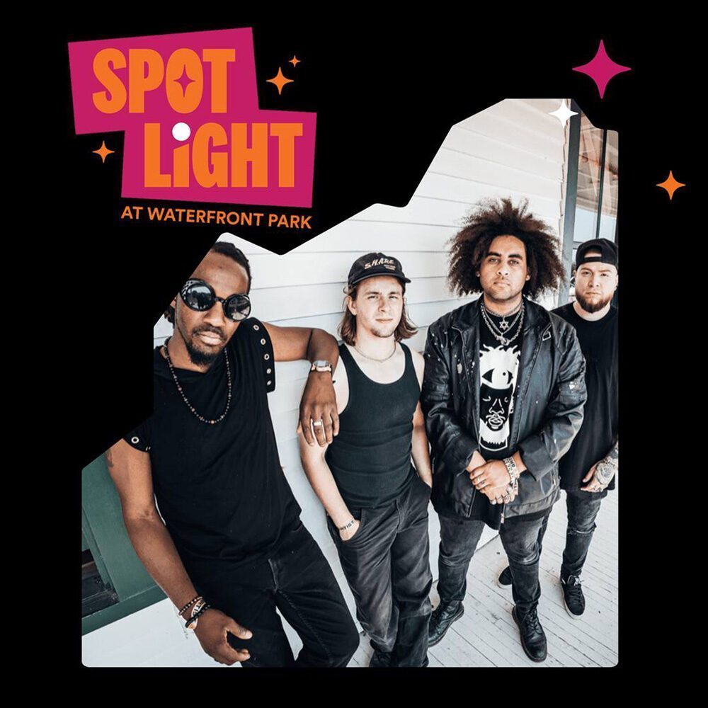 Four men stand together on a porch, posing for a photo. Above them, a graphic reads "Spotlight at Waterfront Park," with decorative star accents and the date 07-03-2025—an event that’s a must list for your calendar!.