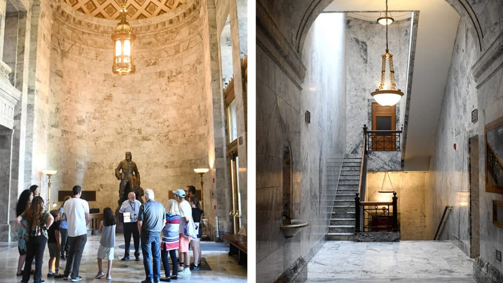 A group of people observes a statue in a marble rotunda; adjacent image shows a marble staircase and hallway with chandeliers.
